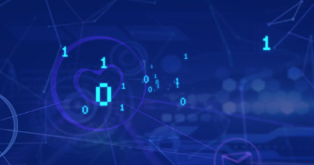Image of binary coding, data processing and scopes on blue background. Global data processing and...