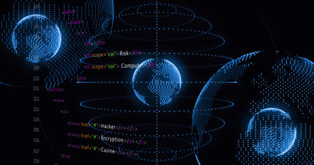 Image of data processing and globes on black background. Global data processing and digital...
