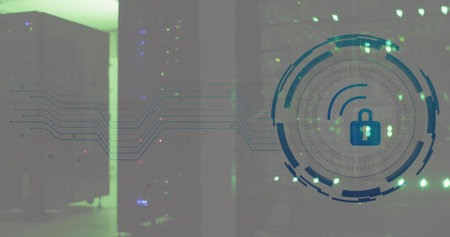 Composite of padlock icon and data processing over computer servers. Global networks, business,...