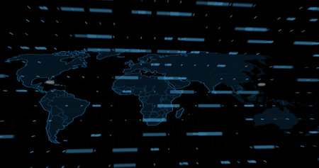 Composition of data processing over world map on black background. Global technology, computing and...