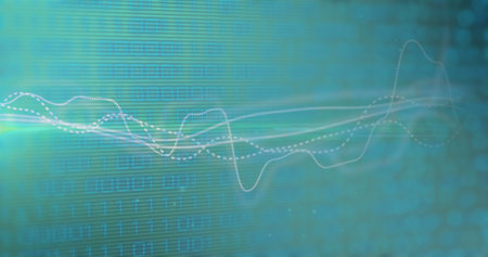 Image of graphs and binary code on green background. Finance, economy and technology concept...