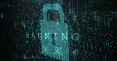 Cyber security data processing against security padlock icon and microprocessor connections. cyber...