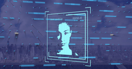 Composition of people icon and data processing over clouds and cityscape. Global business and digital interface concept digitally generated image.の写真素材