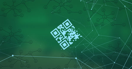 Composition of network of connections with qr code and icons on green background. Global business,...
