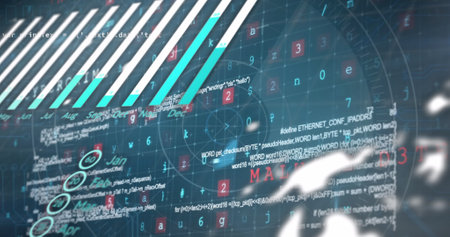 Image of graphs and data processing over globe and navy background. Data processing, connections,...