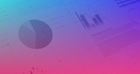 Image of financial data processing and statistics over pink to purple background. Global business,...