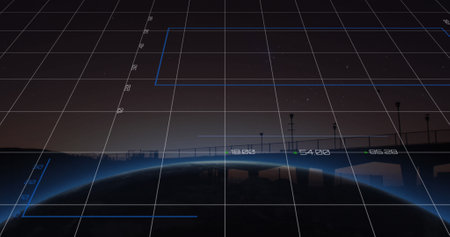 Composition of data processing and globe over landscape. Global finances, computing and digital interface concept digitally generated image.の写真素材
