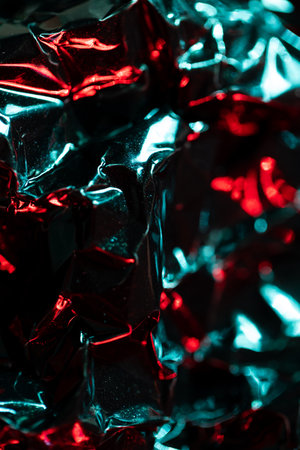 Close up of crumpled shiny blue and red foil with copy space. Colour, texture and material.の写真素材