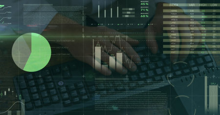 Image of financial data processing and world map over man typing on computer keyboard. global...