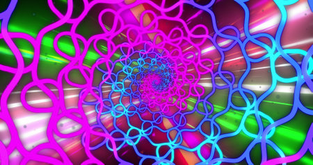 Composition of blue and pink shapes over light trails on black background. Abstract background, color and pattern concept digitally generated image.の写真素材