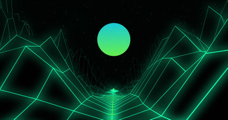 Image of metaverse with digital sun and mountains on black background. light, pattern and movement...