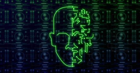 Image of digital head over network of connections and shapes. Global business, security and digital...
