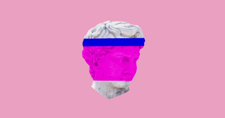 Image of colour shapes over head sculpture on pink background. Art, abstarct and pattern concept digitally generated image.の写真素材