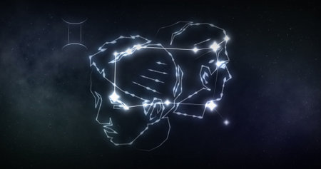 Image of gemini sign with stars on black background. Zodiac signs, stars and horoscop concept digitally generated image.の写真素材