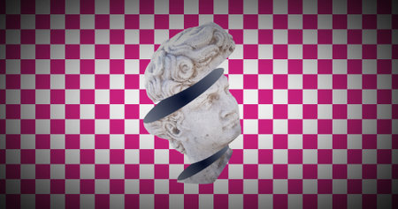 Image of head sculpture on checkered background. Art, abstarct and pattern concept digitally generated image.の写真素材