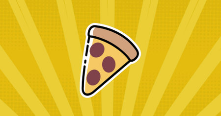 Image of pizza icons over stripes on yellow background. celebration and digital interface concept digitally generated image.の写真素材