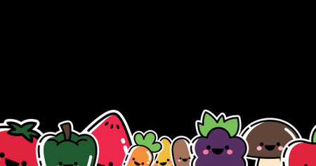 Illustration of vegetables and mushroom with copy space on black background. World vegan day and vegetarian food.の写真素材