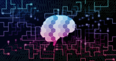 Image of neon network of connections and brain on black background. Global business and digital...