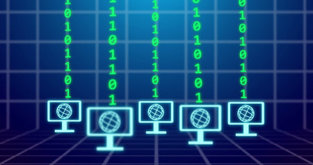 Image of binary coding and globe icons on blue background. Global business and digital interface...