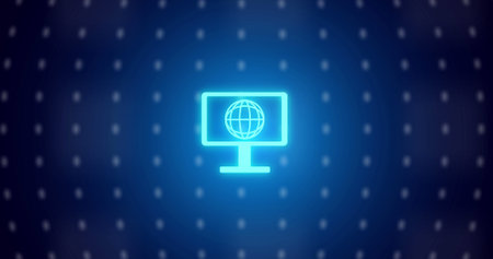 Image of white spots and globe with computer icons on blue background. Global business and digital interface concept digitally generated image.の写真素材