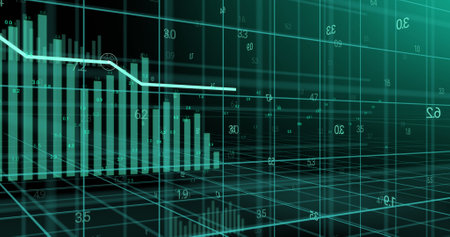 Image of green graph and data processing over 3d grid. Global communication, business, finance and...