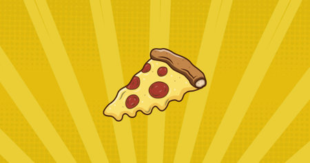 Image of pizza icons over stripes on yellow background. celebration and digital interface concept digitally generated image.の写真素材