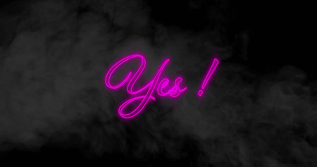 Image of neon yes text over smoke clouds on black background. Social media and digital interface concept digitally generated image.の写真素材