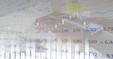 Image of financial data processing over woman typing on computer. global business and finance...