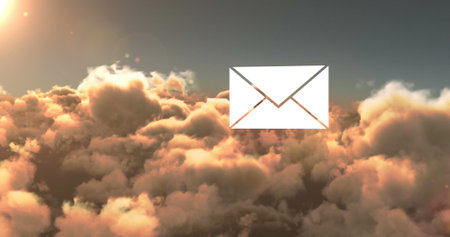 Composition of email envelope icon over clouds. Global networks, social media, cloud computing and data processing concept digitally generated image.の写真素材