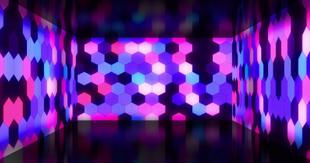 Image of neon shapes on black background. Retro future and digital interface concept digitally...