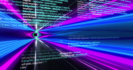 Image of data processing over light trails. Global networks, digital interface, data processing and connections concept digitally generated image.の写真素材