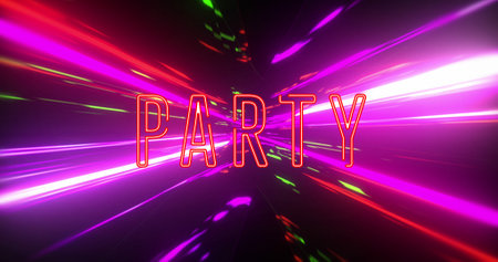 Image of party text on multi coloured background. Global social media, music, digital interface and connections concept digitally generated image.の写真素材