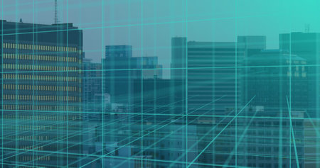 Image of 3d grid moving over buildings in modern cityscape. Construction, development, finance and...