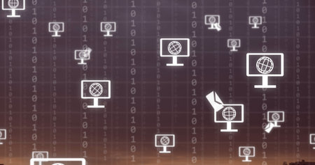 Image of network of screen icons with globes over landscape. Global networks, business, finances, computing and data processing concept digitally generated image.の写真素材