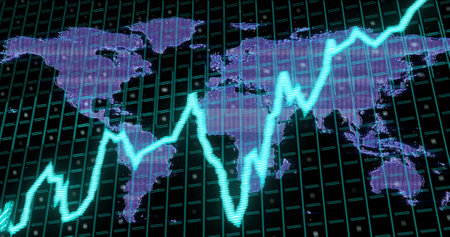 Image of financial data processing over world map and grid. Global business, finances, computing and...