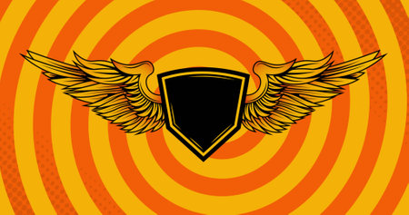 Image of black shape with wings and copy space over circles on orange background. Party, celebration...