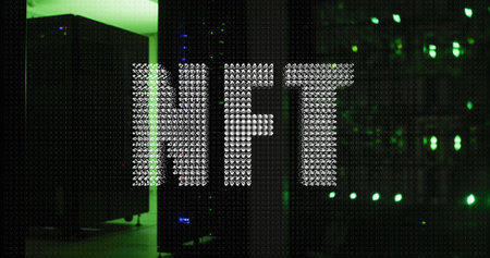 Comosition of nft text over server room. Technology, computing and digital interface concept digitally generated image.の写真素材
