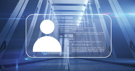 Image of digital icon, computer servers and data processing. Global networks, digital interface,...