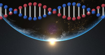 Image of dna strand spinning over globe. global science, digital interface, technology and...