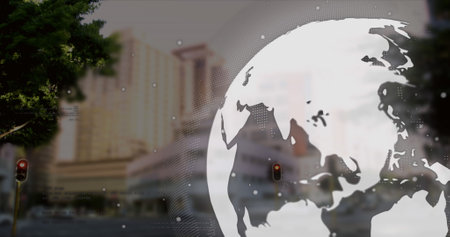 Image of globe and white spots over cityscape. Global business and digital interface concept digitally generated image.の写真素材