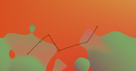 Composition of black line over green shapes on orange background. Abstract background, pattern and colour concept digitally generated image.の写真素材