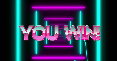 Image of you win text over moving shapes on black background. retro future and digital interface concept digitally generated image.の写真素材