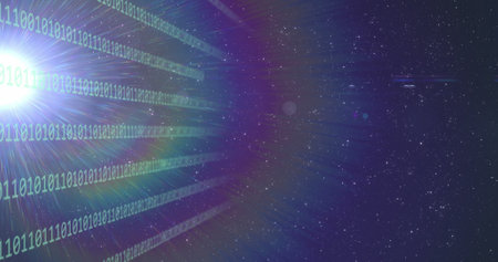 Composition of light trails over data processing and space. Global technology, computing and digital interface concept digitally generated image.の写真素材