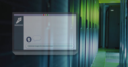 Image of screen with online chat over computer servers. Artificial intelligence, digital interface,...