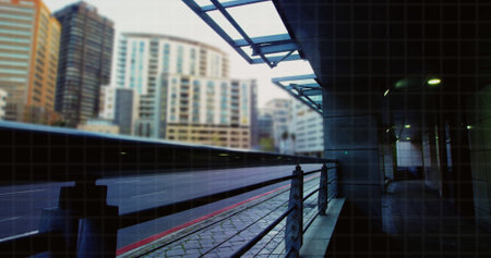 Composition of lines over road and city. Technology, computing and digital interface concept digitally generated image.の写真素材