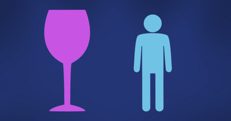 Image of purple and blue wine glass and human icons on blue background. Social media and digital interface concept digitally generated image.の写真素材