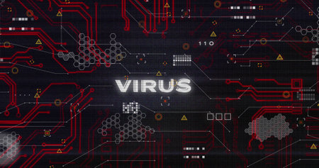 Image of virus text and data processing. Global online security, virus cyber attack, computing and data processing concept digitally generated image.の写真素材