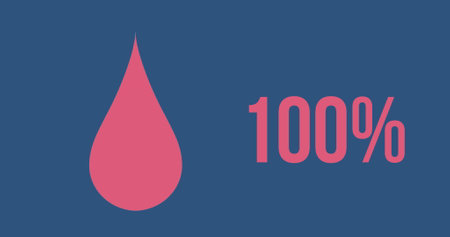 Composition of red drop icon and 100 percent over blue background. Global business, networks and communication concept digitally generated image.の写真素材