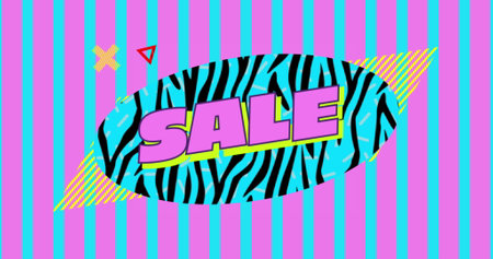 Image of the word Sale and shapes displayed on black and turquoise zebra striped oval and on pink and turquoise striped backgroundの写真素材
