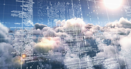 Composition of data processing over sky with clouds. Global connections, computing and digital...
